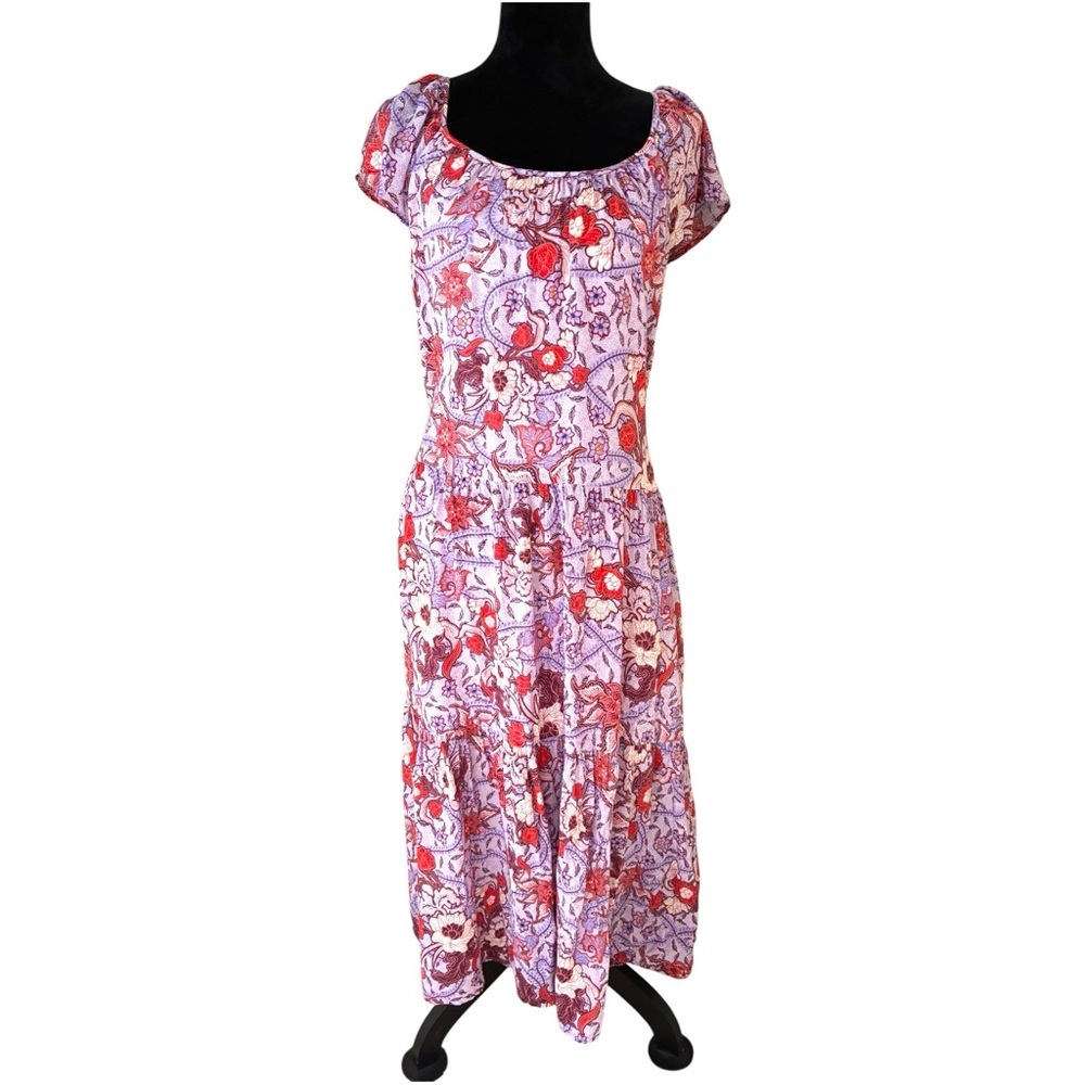 Knox Rose MEDIUM Purple Haze Floral Flutter Sleeve Tiered Maxi Dress Pockets - Picture 2 of 10